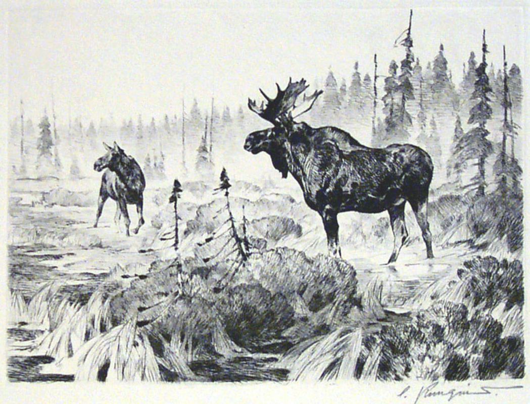 Carl Rungius (German, 1869 – 1959), Near Long Lake, 1926. Drypoint on Paper.7 3/4 x 10 3/4 inches. JKM Collection®, National Museum of Wildlife Art. © Estate of Carl Rungius.